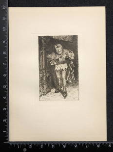 Wm. Merritt Chase, original tching: Artist: William Merritt Chase (American, 1849-1916) Title: Keying-up - The Court Jester Year: 1879 Medium: Etching Image Size: 5.9 X 3.6 inches Sheet Size: 12.0 X 8.7 inches Description: