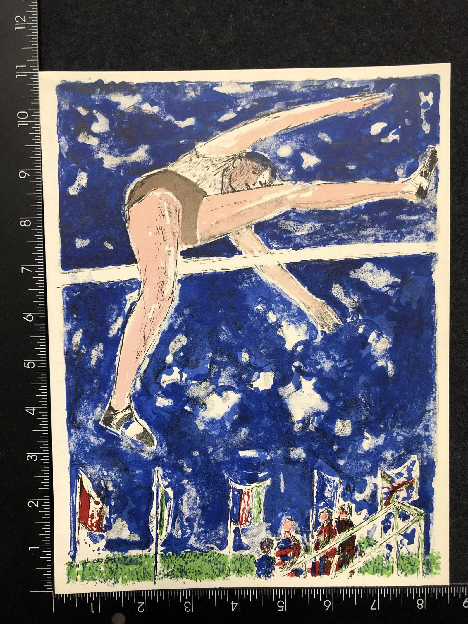 Guy Bardone, original lithograph, 1964, unsigned: Artist: Guy Bardone (French, 1927-2015) Title: Olympique - High Jump Year: 1964 Medium: Original lithograph Image Size: 10.7 X 8.2 inches Sheet Size: 11.0 X 8.5 inches Description: Un