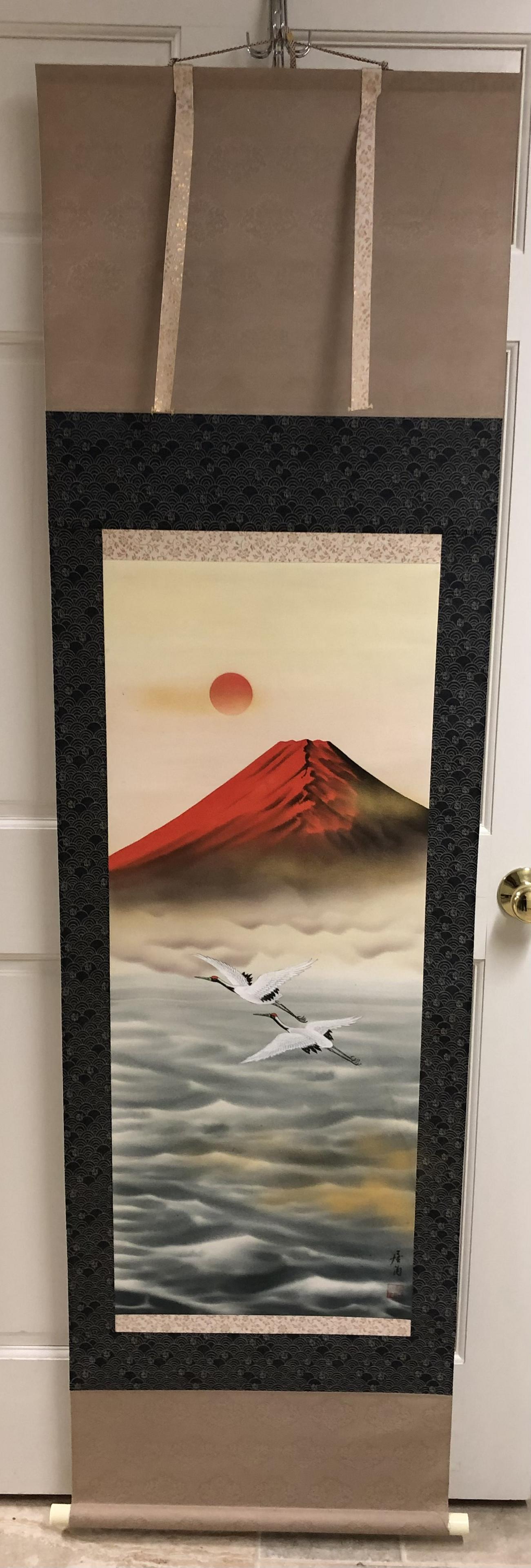 Artist: Japanese Title: Red Fuji and Cranes Year: 20th c Medium: Brush, ink, and watercolor: Artist: Japanese Title: Red Fuji and Cranes Year: 20th c Medium: Brush, ink, and watercolor Image Size: 40.1 X 15.9 inches Sheet Size: 73.5 X 20.9 inches Description: Silk on paper sc