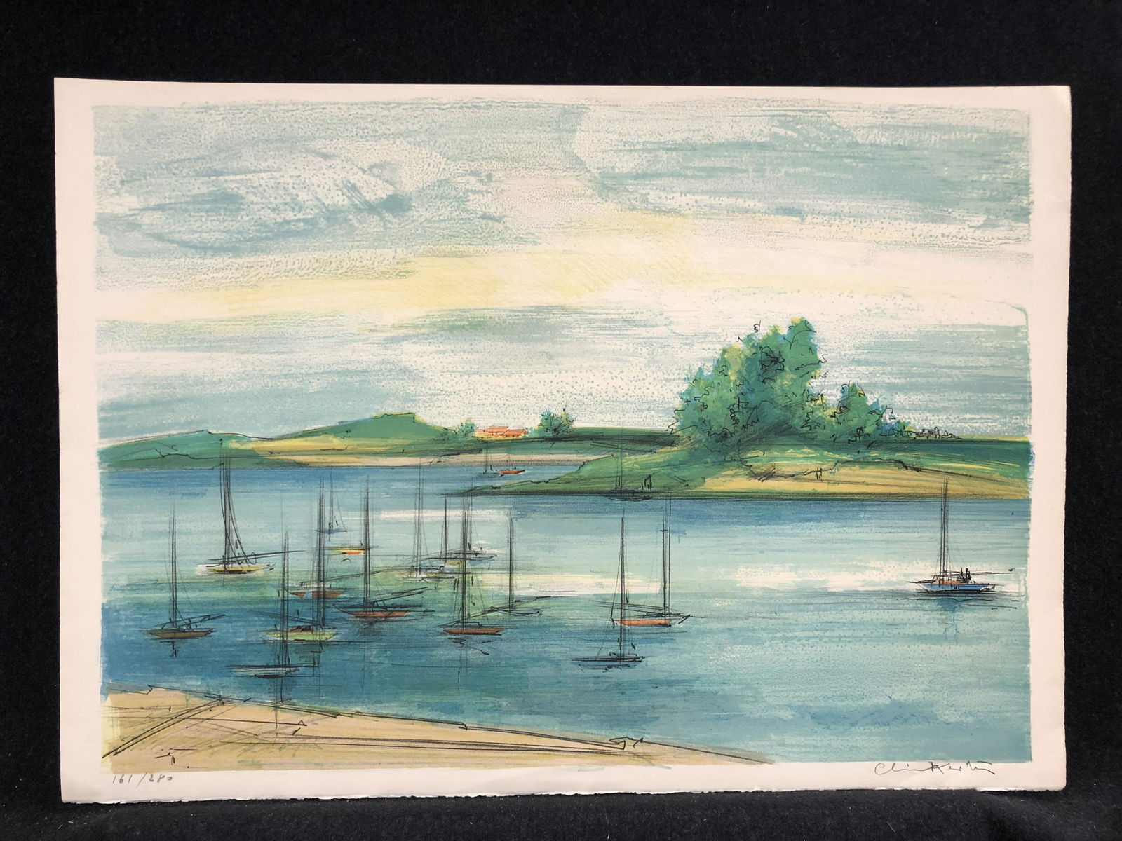Artist:  unidentified (French)  Title:  (moored sailboats in an inlet)  Year:  Ca.1980  Medium: (1 of 6)