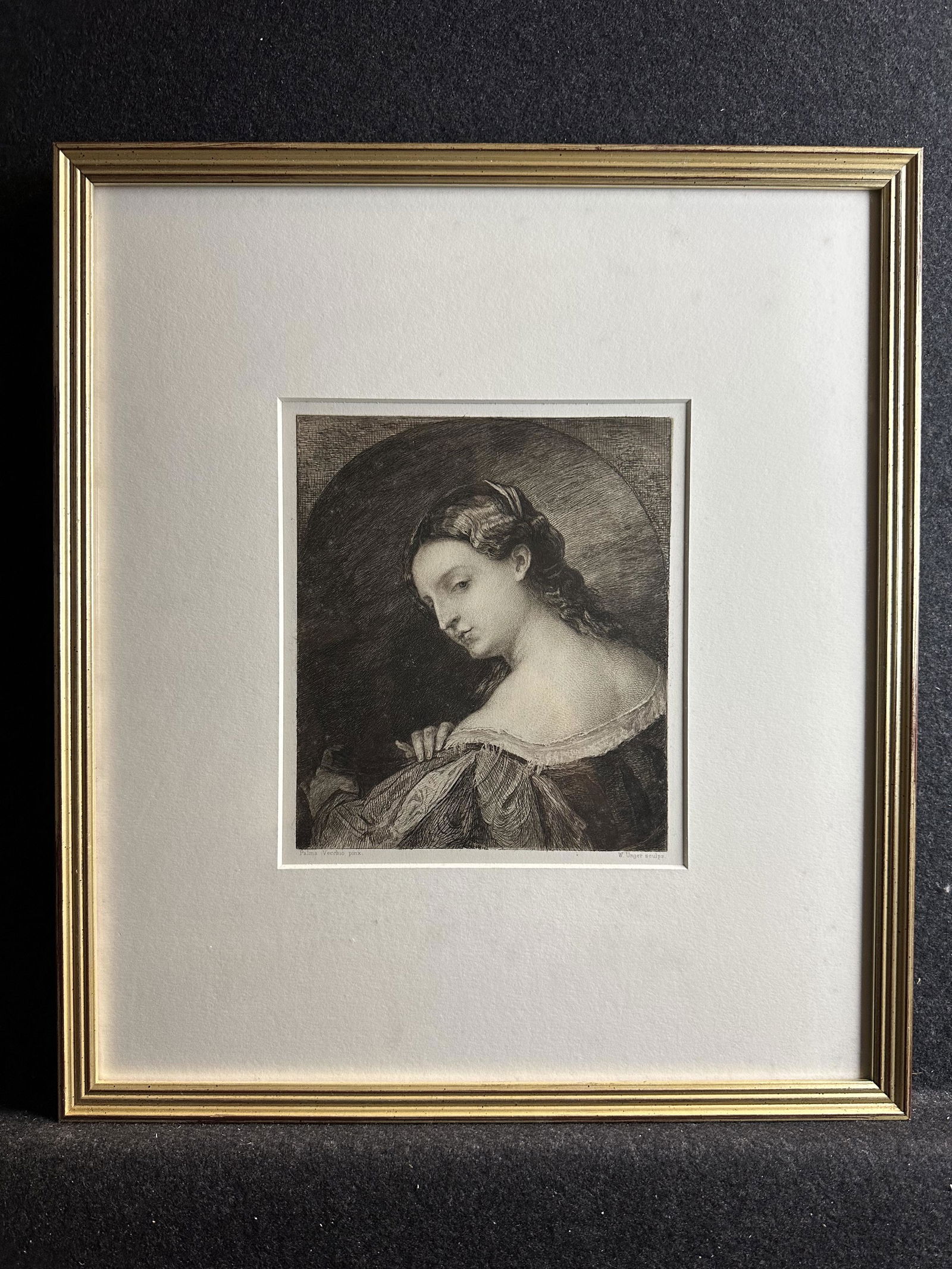 William Unger, etching after Palma Vecchio, 1878: Artist: William Unger (German, 1837-1952) Title: Young Woman in Profile Year: 1878 Medium: etching Image Size: 7.7 x 6.6 inches Frame Size: 16.9 c 14.9 inches Catalog reference: </