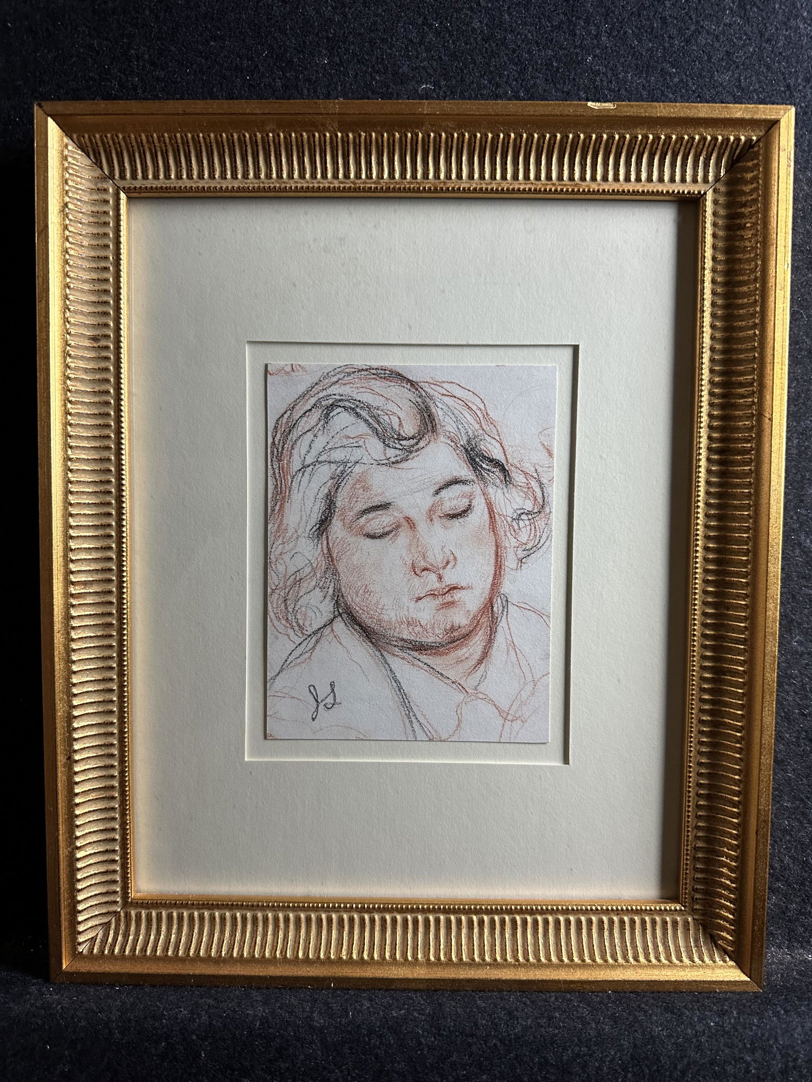 Jack Levine, original drawing, signed: Artist: Jack Levine (American, 1915-2010) Title: Sleeping Woman Year: ca. 1960 Medium: charcoal and red chalk on wove paper Image Size: 5.3 x 4.0 inches Frame Size: 11.6 x 9.6 inches