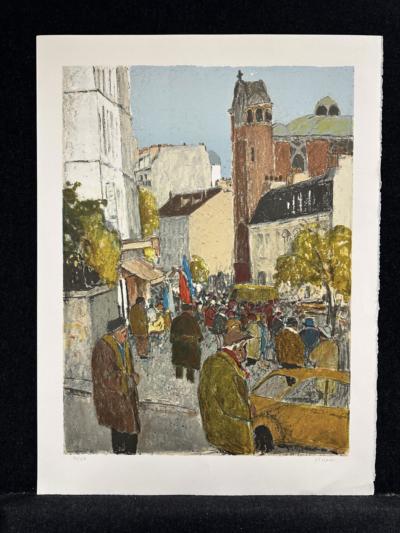 Marko Stupar, pencil signed original lithograph: Artist: Marko Stupar (Yugoslavian/French., 1936-living) Title: Place des Abbesses Year: ca.1990 Medium: original lithograph Image Size: 25.1 x 18.6 inches Sheet Size: 29.6 x 22.0 inches