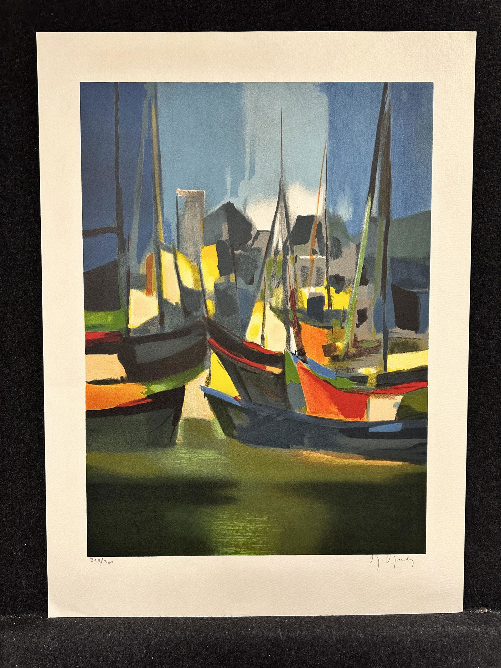 Marcel Mouly, pencil signed original lithograph: Artist: Mouly, Marcel (French, 1918-2008) Title: (boats at harbor) Year: c.1985 Medium: original lithograph Image Size: 23.95 x 17.5 inches Sheet Size: 29.46 x 21.6 inches Catalog ref
