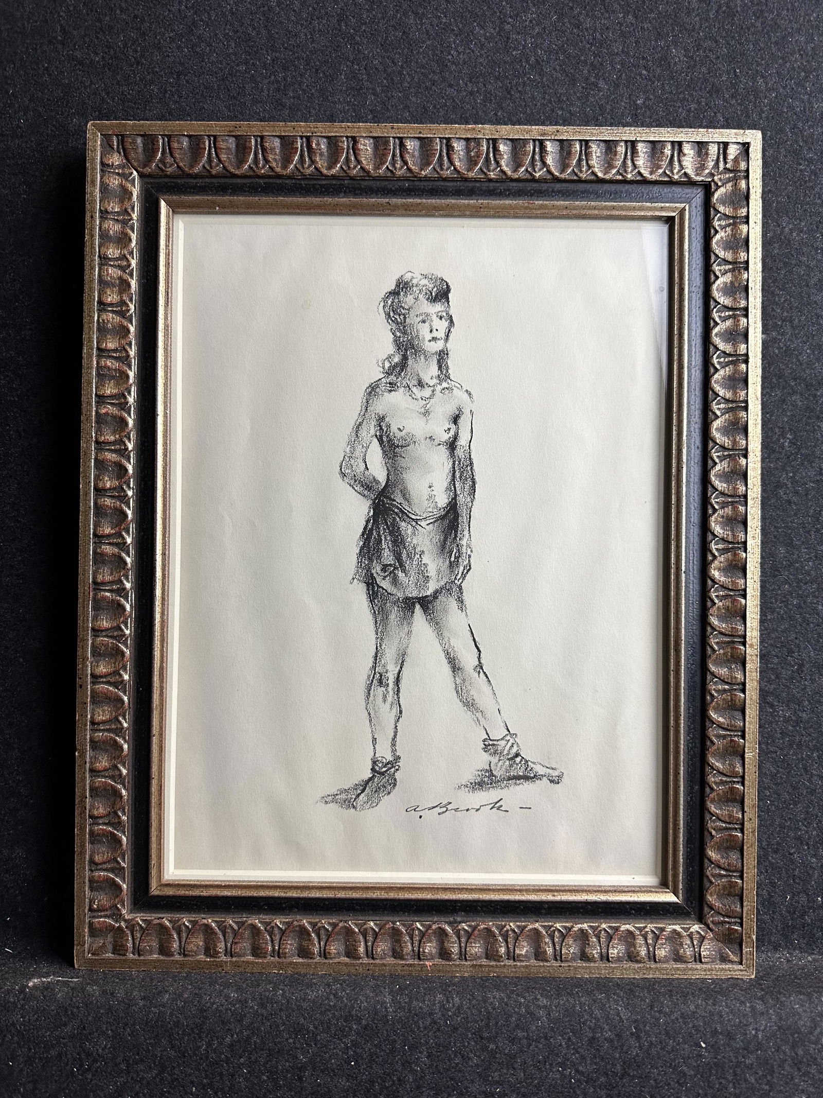 Alexander Brook, original conte crayon, signed: Artist: Alexander Brook (American, 1898-1980) Title: Poised Dancer Year: ca.1930 Medium: conte crayon Image Size: 10.0 x 4.6 inches Frame Size: 15.3 x 12.2 inches Catalog reference: <