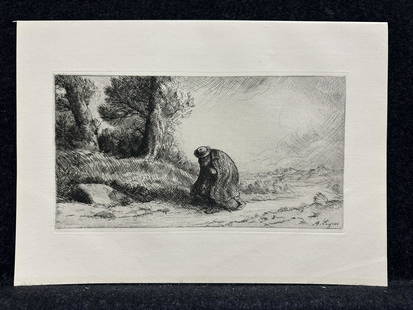 Alphonse Legros, signed in the plate original etching: Artist: Alphonse Legros (French, 1837-1911) Title: The Wayfarer Year: 1881 Medium: original etching Image Size: 5.6 x 10.6 inches Sheet Size: 9.6 x 13.5 inches Catalog reference: