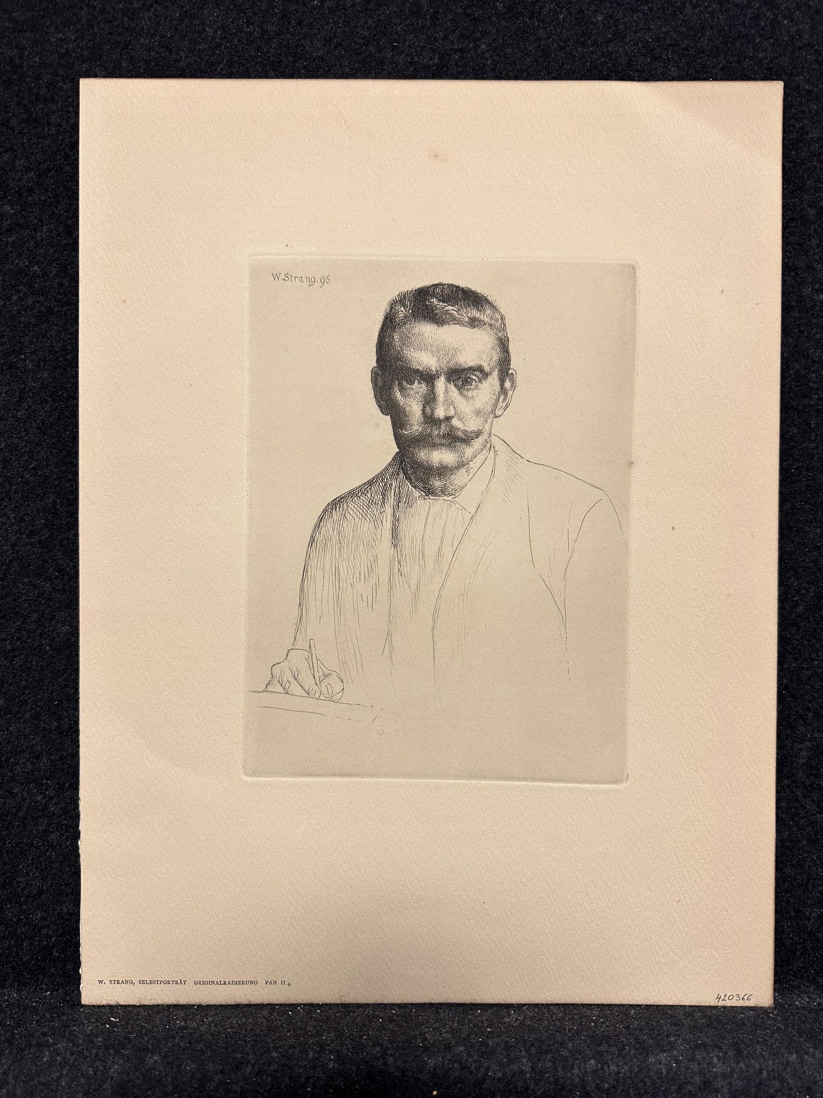 William Strang, signed in the plate original etching: Artist: William Strang (British, 1859-1951) Title: Self Portrait Year: 1895 Medium: original etching Image Size: 7.8 x 5.8 inches Sheet Size: 14.0 x 10.6 inches Catalog reference: