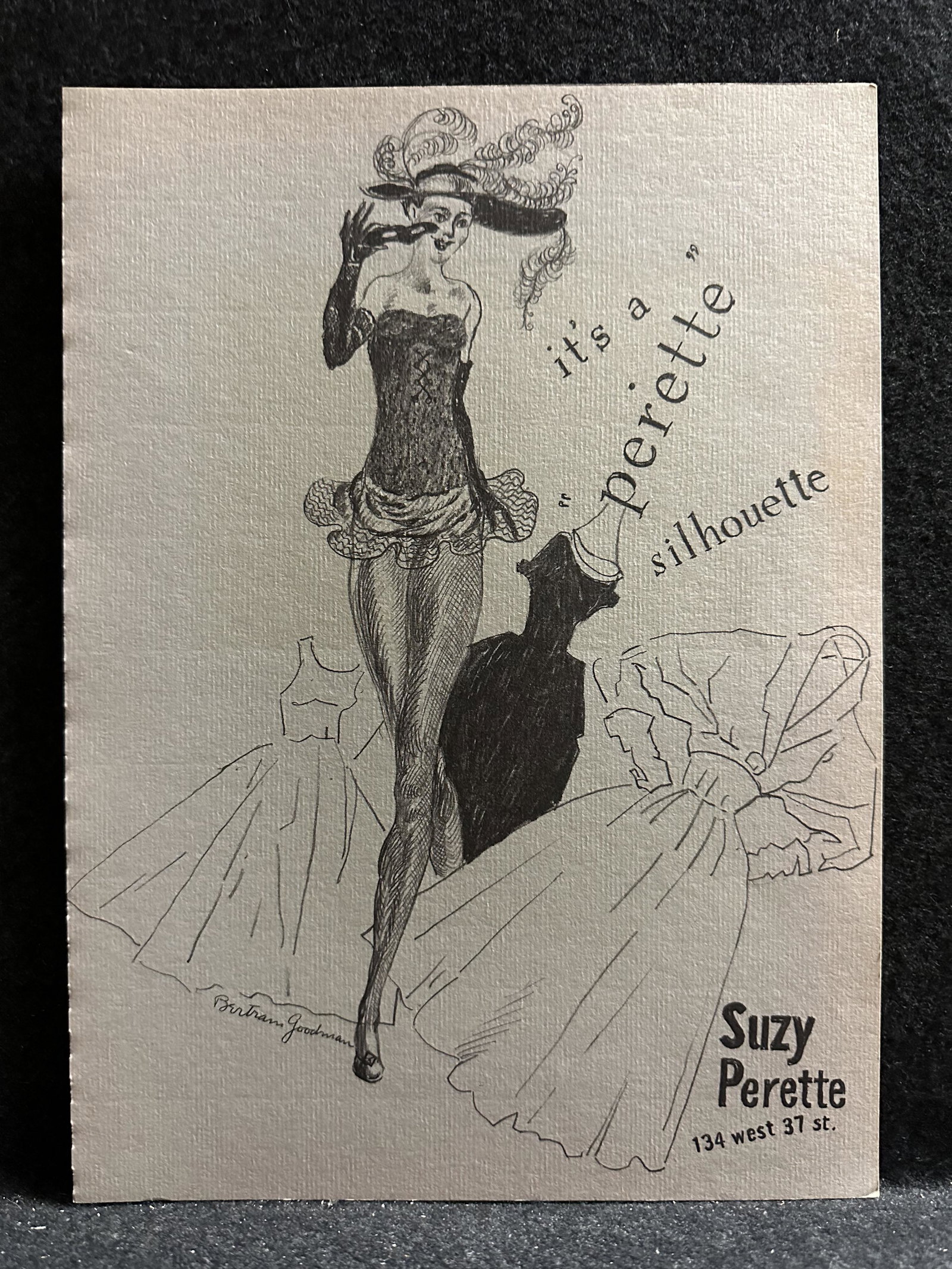 Bertram Goodman, signed in the plate original lithograph: Artist: Bertram Goodman (American, 1904-1988) Title: It's a Perette Silhouette Year: 1954 Medium: original lithograph Image Size: 12.0 x 8.7 inches Sheet Size: 12.0 x 8.7 inches Catal