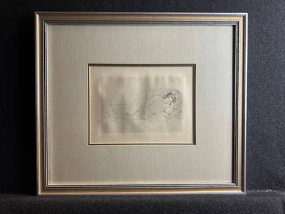 Pierre Auguste Renoir, original etching: Artist: Pierre Auguste Renoir (French, 1841-1919) Title: Femme Nue Couchee (tounee a droite) Year: 1906 Medium: etching Image Size: 5.2 x 7.52 inches Frame Size: 16.35 x 18.85 inches