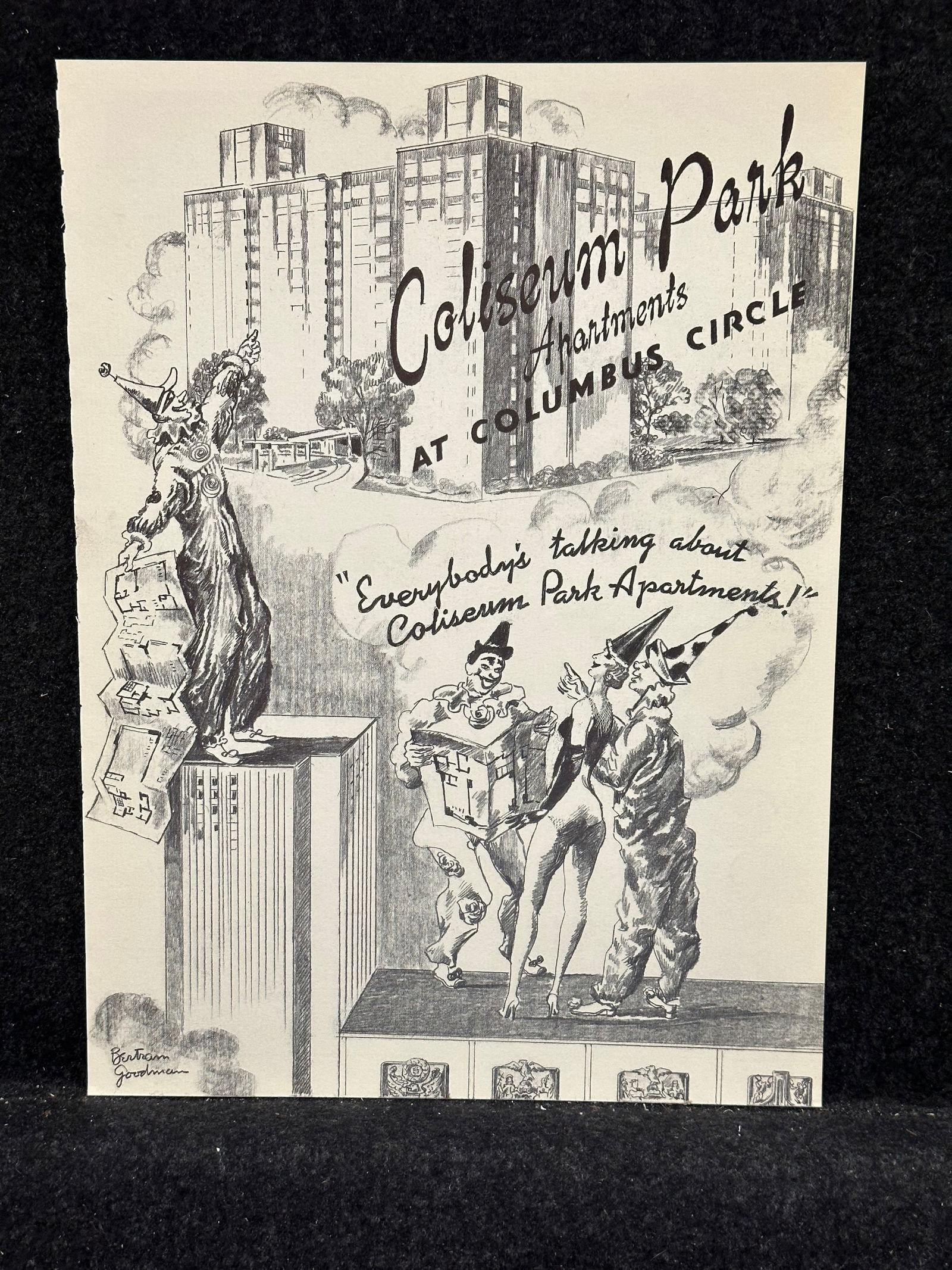 Bertram Goodman, original lithograph: Artist: Bertram Goodman (American, 1904-1988) Title: Coliseum Park Apartments Year: 1957 Medium: original lithograph Image Size: 12 x 8.8 inches Sheet Size: 12 x 8.8 inches Catalog re