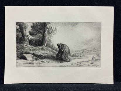 Alphonse Legros, signed in the plate original etching: Artist: Alphonse Legros (French, 1837-1911) Title: The Wayfarer Year: 1881 Medium: original etching Image Size: 5.6 x 10.6 inches Sheet Size: 9.6 x 13.5 inches Catalog reference: