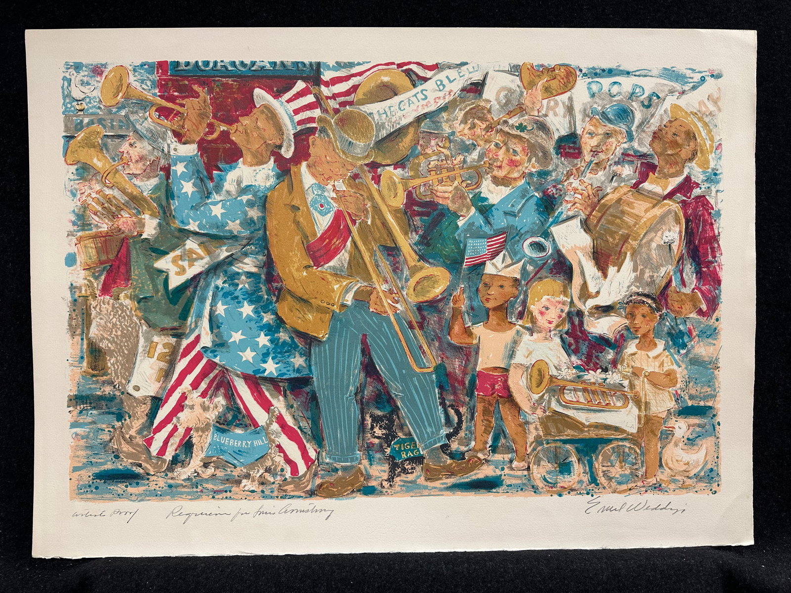 Emil Weddige, pencil signed original lithograph: Artist: Weddige, Emil (American, 1907-2001) Title: Requiem for Louis Armstrong Year: 1976 Medium: original lithograph Image Size: 18.0 x 27.1 inches Sheet Size: 21.4 x 29.85 inches Ca