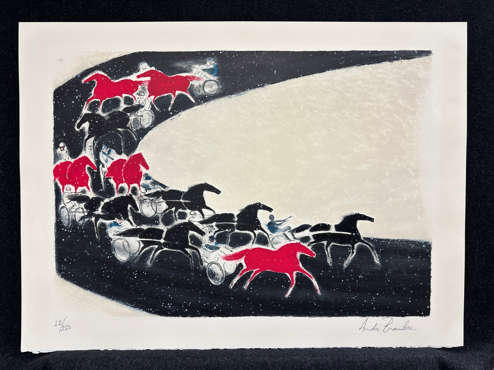 Andre Brasilier, original lithograph, pencil signed: Artist: Andre Brasilier (French, 1929-) Title: Courses Year: 1991 Medium: original lithograph Image Size: 18.0 x 25.4 inches Sheet Size: 22.0 x 29.8 inches Catalog reference: n/a<