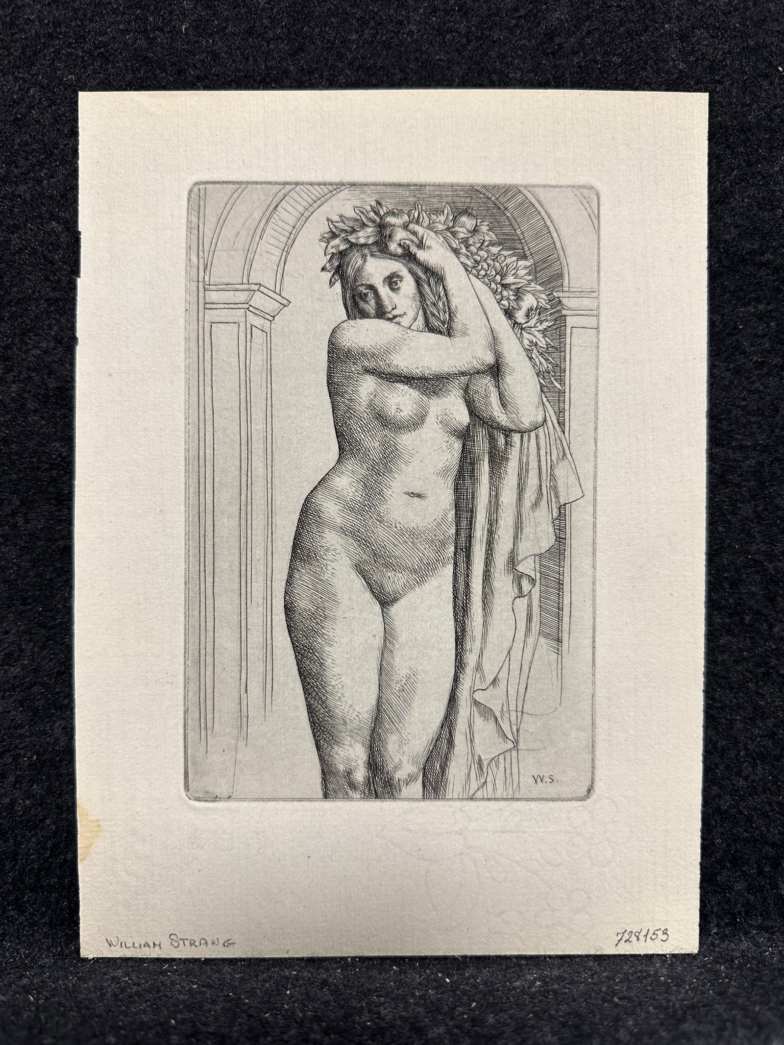 William Strang, signed in the plate original etching: Artist: William Strang (British, 1859-1951) Title: Harvest Nude Year: 1896 Medium: original etching Image Size: 5.9 x 3.9 inches Frame Size: 8.3 x 6.0 inches Catalog reference: