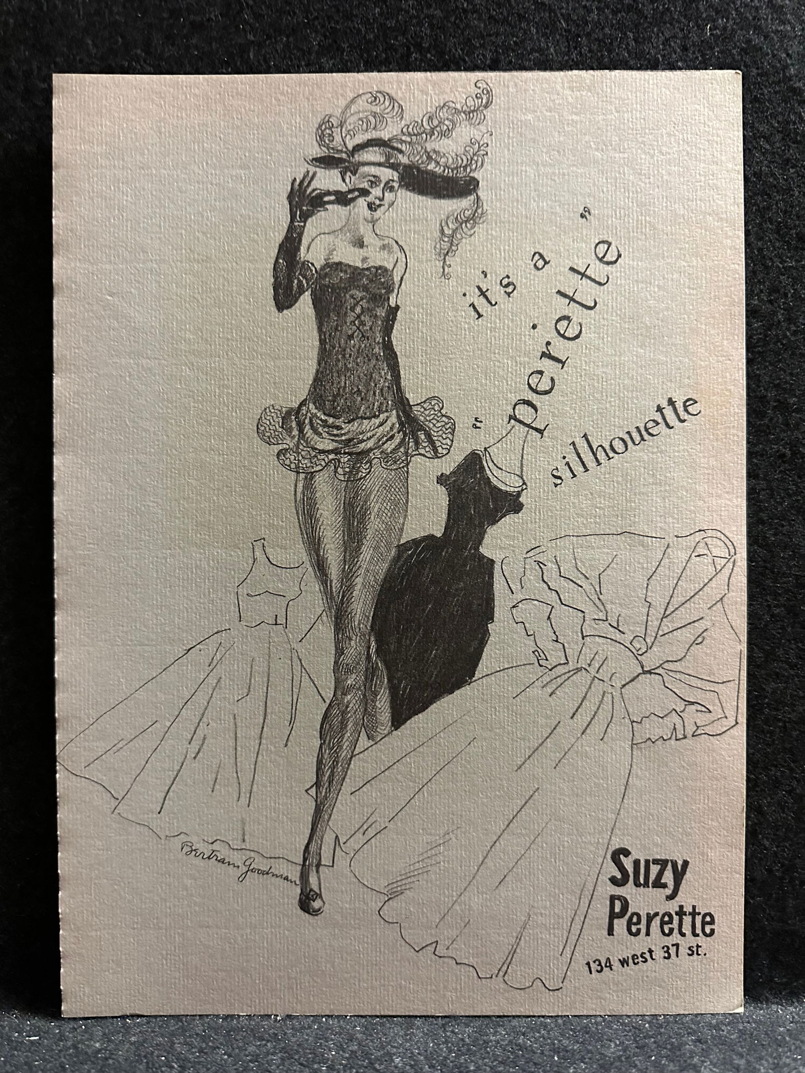 Bertram Goodman, signed in the plate original lithograph: Artist: Bertram Goodman (American, 1904-1988) Title: It's a Perette Silhouette Year: 1954 Medium: original lithograph Image Size: 12.0 x 8.7 inches Sheet Size: 12.0 x 8.7 inches Catal