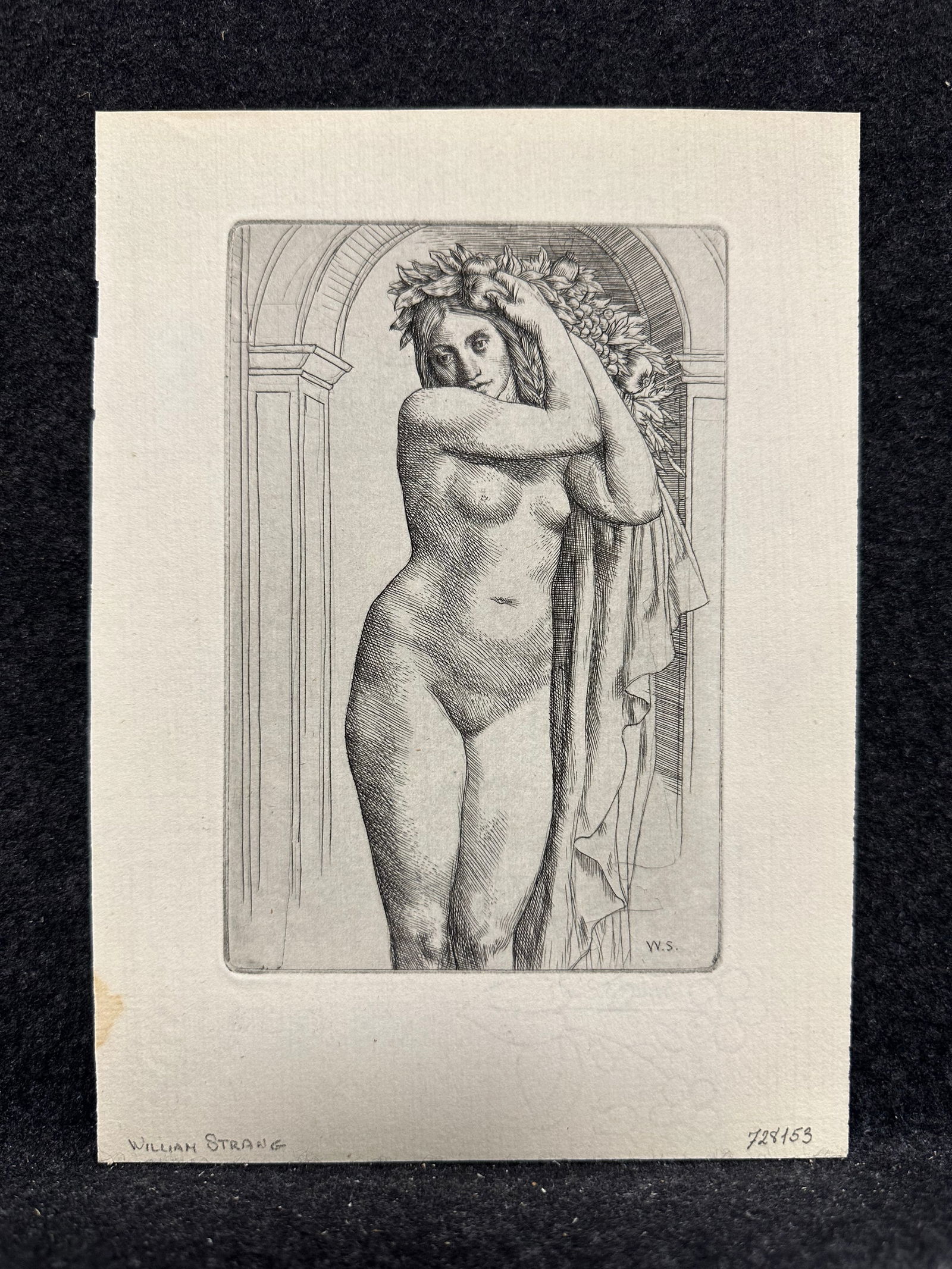 William Strang, signed in the plate original etching: Artist: William Strang (British, 1859-1951) Title: Harvest Nude Year: 1896 Medium: original etching Image Size: 5.9 x 3.9 inches Frame Size: 8.3 x 6.0 inches Catalog reference: