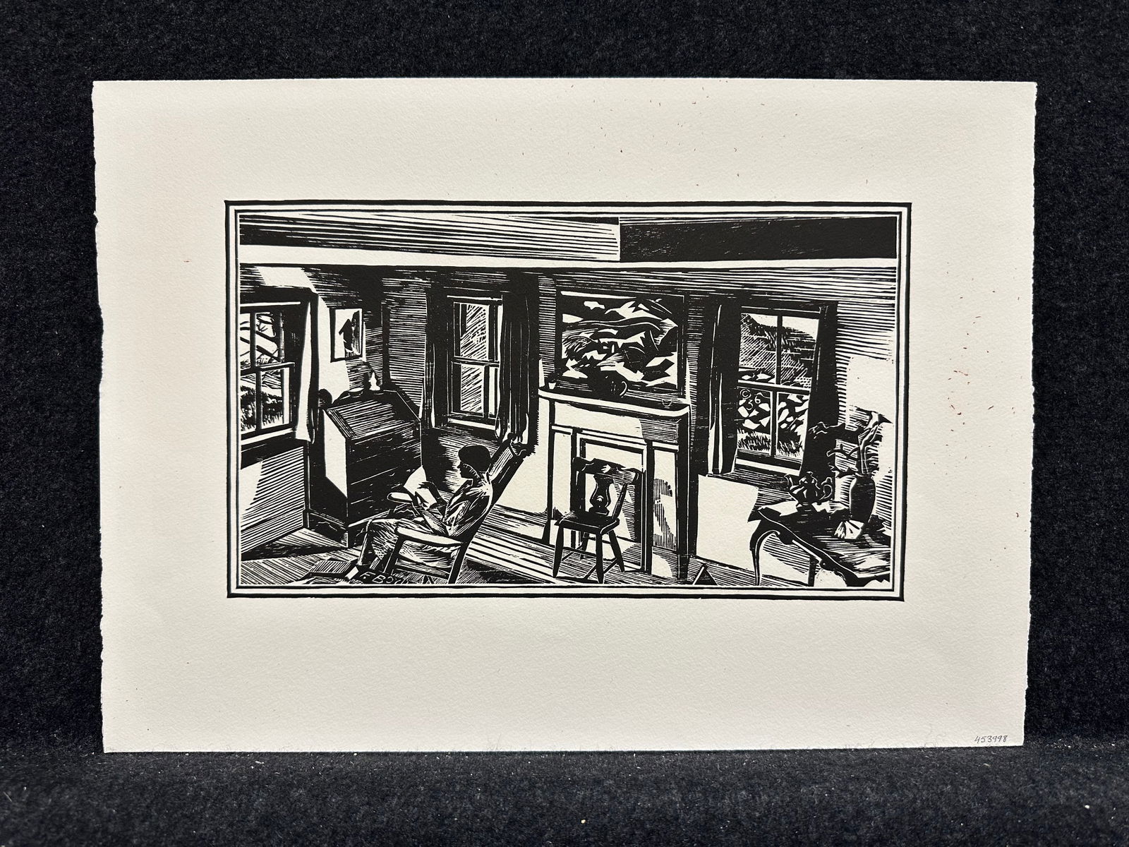Fiske Boyd, signed in the plate original woodcut: Artist: Fiske Boyd (American, 1895-1975) Title: Interior Year: 1935 Medium: original woodcut Image Size: 5.9 x 10.2 inches Sheet Size: 10.1 x 14.1 inches Catalog reference: n/a