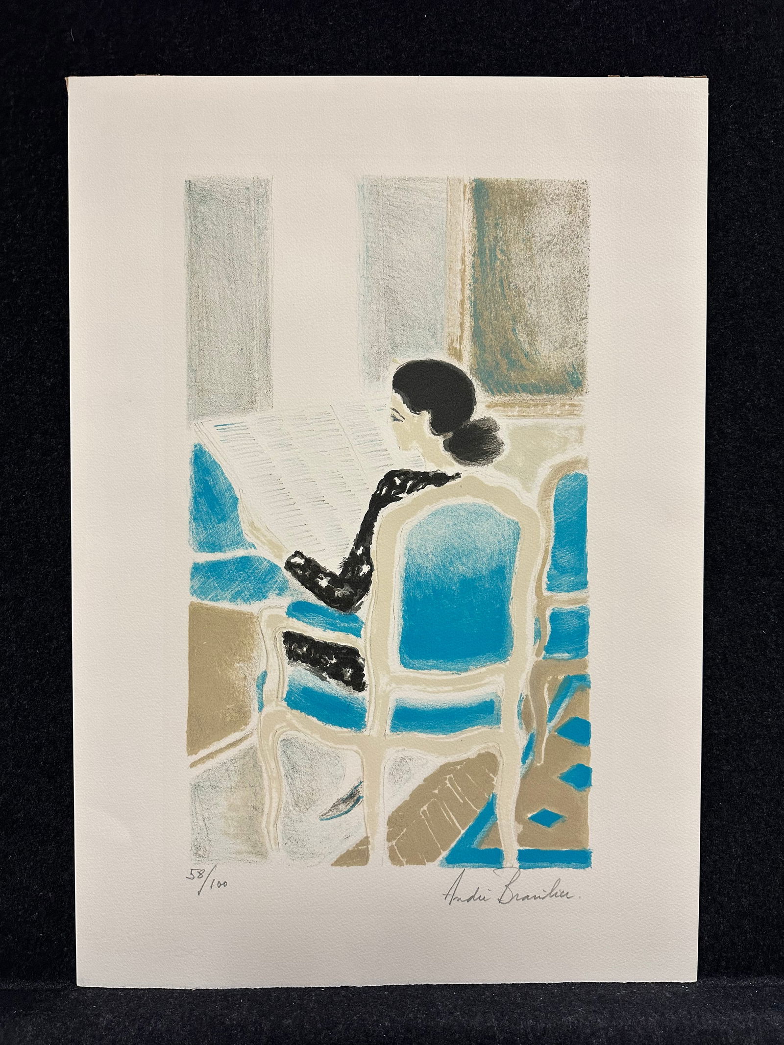 Andre Brasilier, original lithograph, pencil signed: Artist: Andre Brasilier (French, 1929-) Title: Le Fanteuil Bleu Year: 1987 Medium: original lithograph Image Size: 17.9 x 10.6 inches Sheet Size: 23.6 x 16.4 inches Catalog reference: