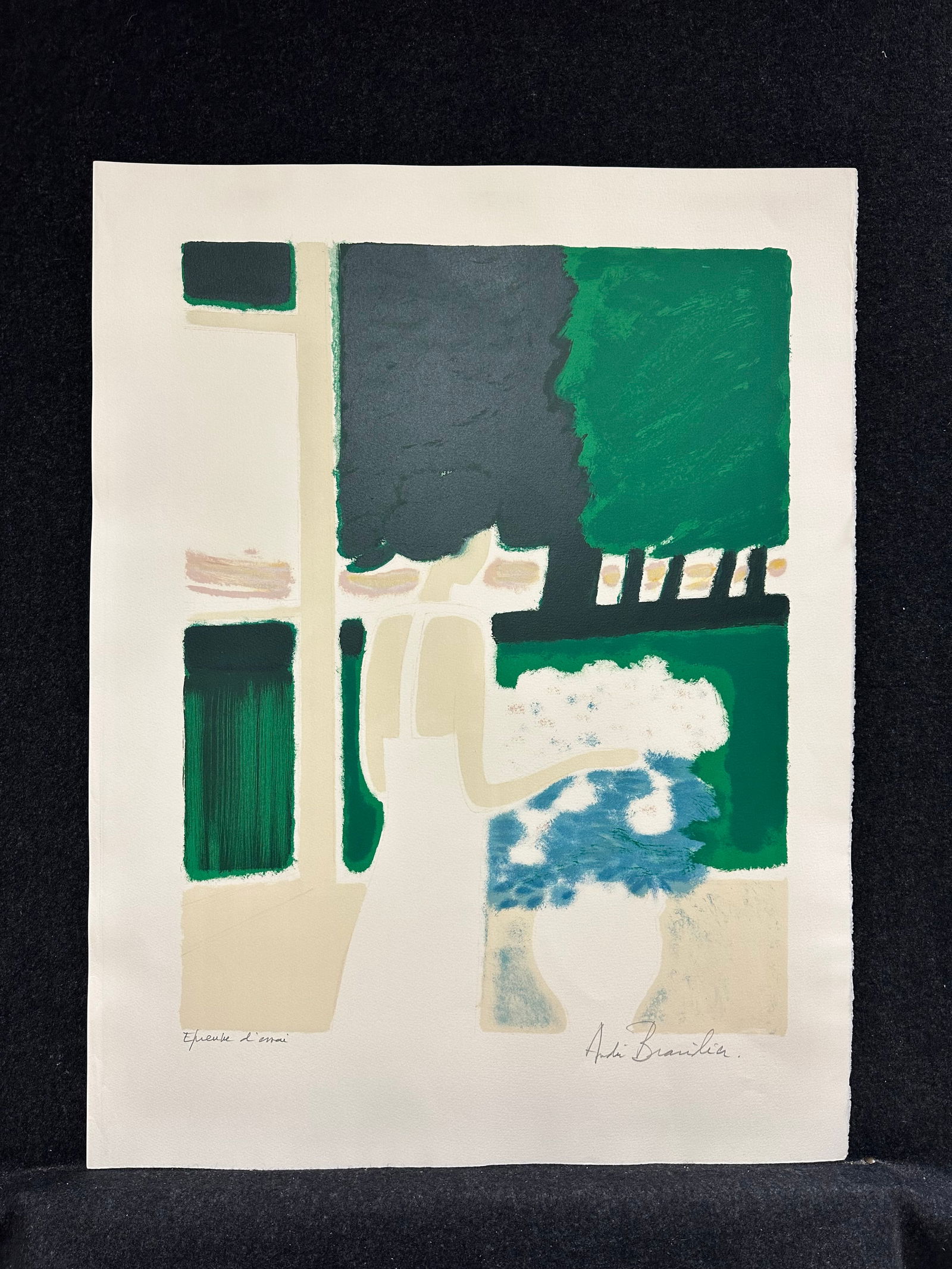 Andre Brasilier, original lithograph, pencil signed: Artist: Andre Brasilier (French, 1929-) Title: Fenetre sur le Parc Year: 1973 Medium: original lithograph Image Size: 23.5 x 18.1 inches Sheet Size: 29.9 x 22.7 inches Catalog referen