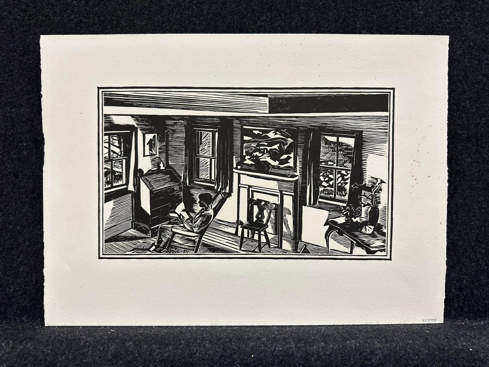 Fiske Boyd, signed in the plate original woodcut: Artist: Fiske Boyd (American, 1895-1975) Title: Interior Year: 1935 Medium: original woodcut Image Size: 5.9 x 10.2 inches Sheet Size: 10.1 x 14.1 inches Catalog reference: n/a