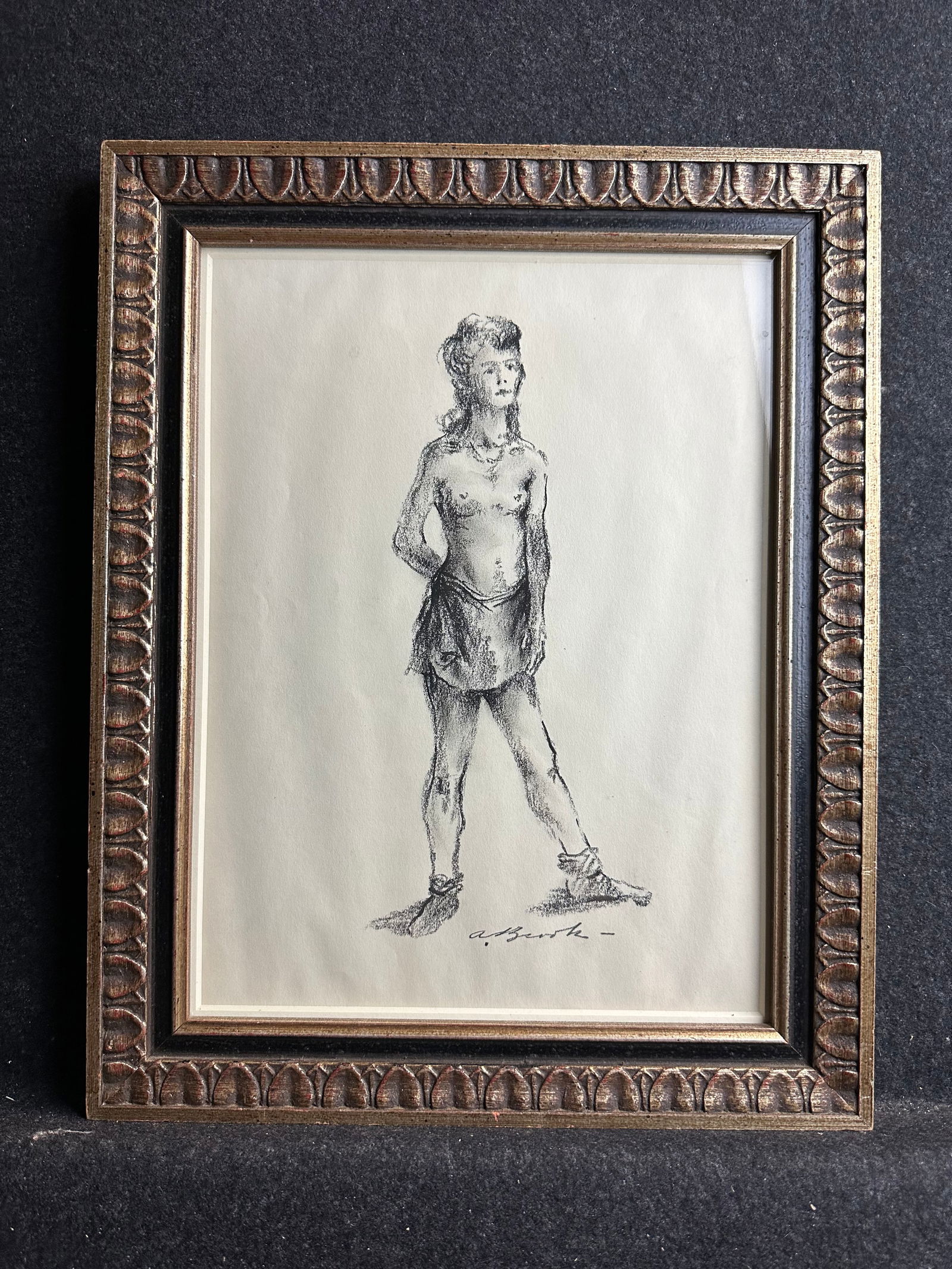 Alexander Brook, original conte crayon, signed: Artist: Alexander Brook (American, 1898-1980) Title: Poised Dancer Year: ca.1930 Medium: conte crayon Image Size: 10.0 x 4.6 inches Frame Size: 15.3 x 12.2 inches Catalog reference: <