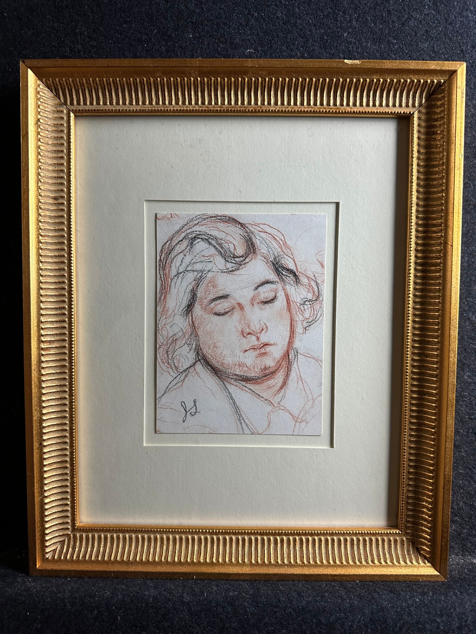Jack Levine, original drawing, signed: Artist: Jack Levine (American, 1915-2010) Title: Sleeping Woman Year: ca. 1960 Medium: charcoal and red chalk on wove paper Image Size: 5.3 x 4.0 inches Frame Size: 11.6 x 9.6 inches