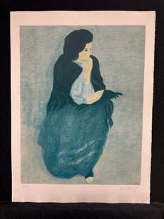 Pierre Boncompain, pencil signed original lithograph: Artist: Pierre Boncompain (French, 1938-) Title: seating woman with shawl Year: ca.1985 Medium: original lithograph Image Size: 24.7 x 19.1 inches Sheet Size: 29.8 x 22.0 inches Catal