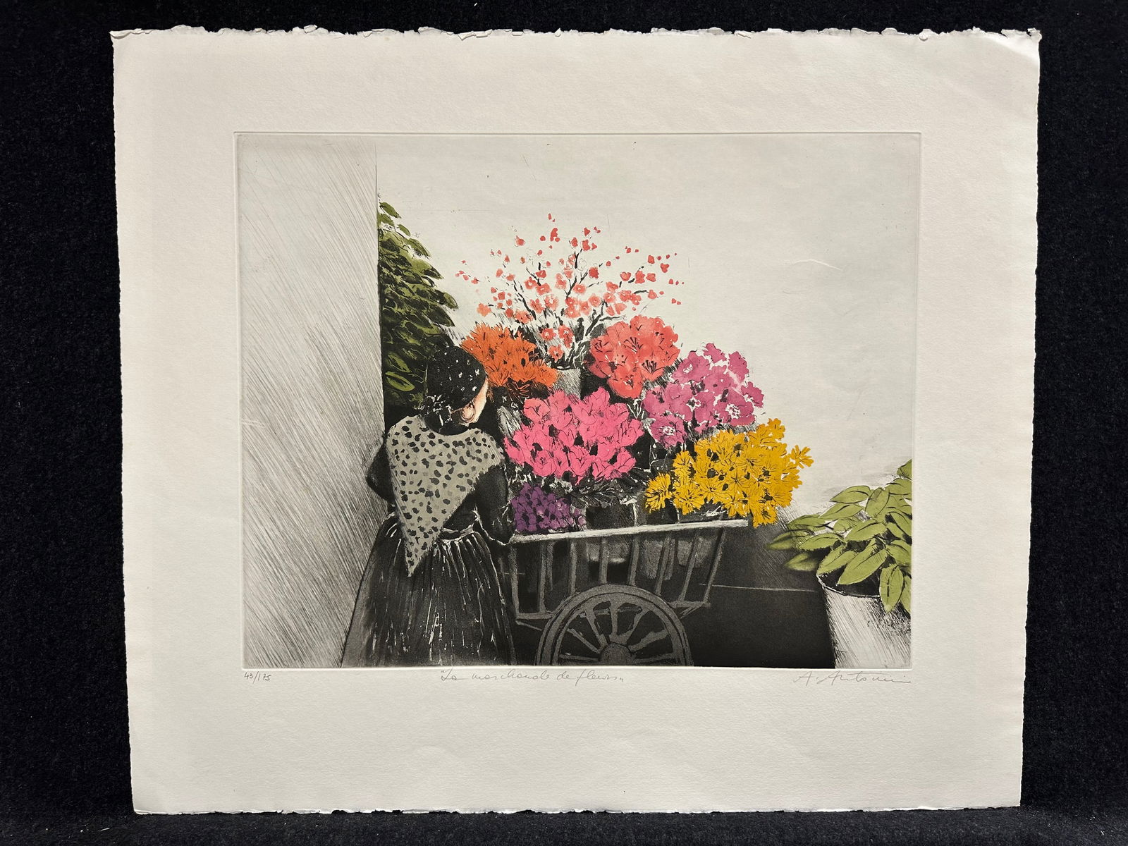 Annapia Antonini, original etching, pencil signed: Artist: Annapia Antonini (French, 1942-) Title: La Marchande de Fleurs Year: ca.1980 Medium: original etching Image Size: 15.4 x 19.5 inches Sheet Size: 22.4 x 26.1 inches Catalog ref