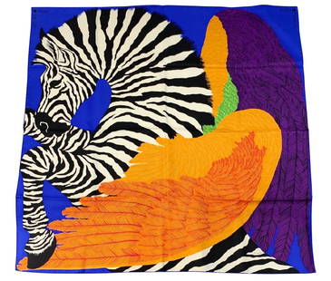 Hermes Paris "Zebra Pegasus" Silk Scarf New In Box: Hermes Paris "Zebra Pegasus" authentic designer silk scarf in Blue, Violet & Orange color way. Designed by Alice Shirley. 100% Silk. Made in France. New/Excellent Condition. Measures: 36" x 36" (90cm