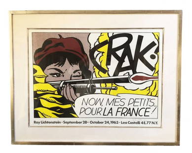 Roy Lichtenstein “Crak” Pencil Signed Lithograph: Roy Lichtenstein (New York: 1923 - 1997) original offset color lithograph on woven paper titled "Crack!". Circa: 1963/1964. Publisher: Leo Castelli Gallery, New York. Pencil signed to lower right.