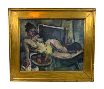 Alexandre V. Kuprin Nude Study Oil Painting: After Alexandre Kouprine (Russian: 1880 - 1960) oil painting on canvas of a recumbent nude European woman lying beside a bowl of fruit. Bears signature to lower right. Dated 1927. Measures: 22-1/8" W