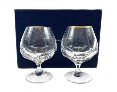 Faberge Atelier Crystal Brandy Snifters New/Box: Pair of Faberge Atelier Collection gold rimmed crystal brandy snifters in original fitted presentation box. Acid etch signature to base. Each measures: 6" H x 3-3/4" D. Good Overall Condition. From