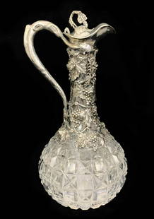 Antique English Sterling Crystal Wine Claret Ewer: Antique English sterling silver & cut crystal handled wine decanter featuring a very detailed ornate design of a reticulated grape vine around neck leading to a tree bark handle. Bears