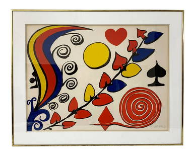 Alexander Calder Pencil Signed Color Lithograph: Alexander Calder (French/American: (1898 - 1976) original color lithograph on cream paper created with a modernist design including all playing card suits (Spades, Hearts, Diamonds & Clubs). Pencil si