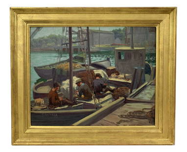 Mae Bennett Brown "Misty Day" Oil Painting: Mae Bennett-Brown (English/American: 1887 - 1973) original oil painting on canvas titled "Gloucester Fisherman, Misty Day". Signed to lower right. Measures: 20" w x 16" H + 2-1/4" Frame. From a Boca R