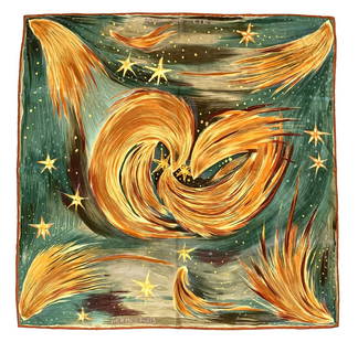 Hermes Paris "Feux Du Ciel" Silk Scarf w/Box: Hermes Paris "Feux Du Ciel" authentic designer silk scarf in Green, Gold & Orange color way. Designed by Sefedin Ibrahim Alamin. Year of Issue: 2000. 100% Silk. Made in France. Measures: 36" x 36"