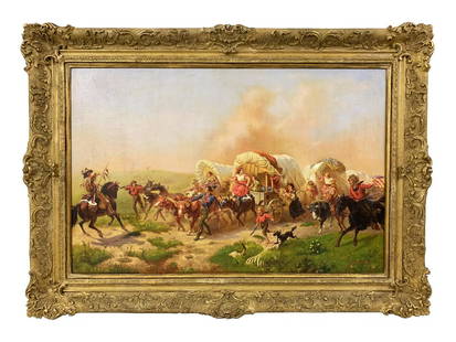 Emanuel G. Leutze "American Frontier" Oil Painting: School of Emanuel Gottlieb Leutze (American/German: 1816 - 1868) historical oil painting on canvas depicting an American Frontier westward settlement scene of emigrant travelers fleeing restlessly alo