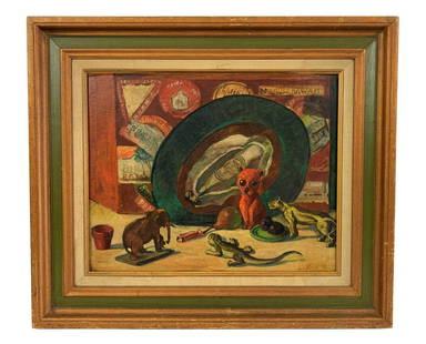 Lucienne Bloch Toy Animal Oil Painting on Masonite: Lucienne Bloch (American/French: 1909 - 1999) original oil painting on masonite board. Measures: 20" L x 15-3/4" W + 3-3/4" Frame. From a Miami Beach estate. Local Pick Up or Third Party Shipping Requ