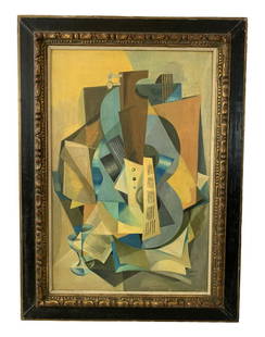 Bela Kadar La Guitare Abstract Cubist Oil Painting: Bela Kadar (Hungarian/French: 1877 - 1956) cubist oil painting on canvas depicting an abstract stringed instrument titled "La Guitare". Signed to lower right. Mounted in a gilt painted carved wooden f