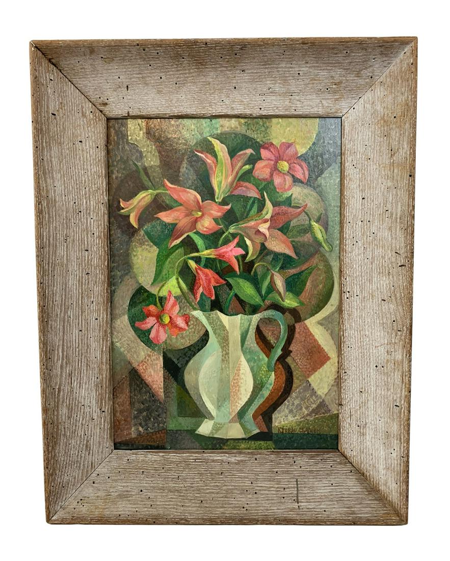 Konrad Cramer Pink Lilies Still Life Oil Painting: Konrad Cramer (German/American: 1888 - 1963) original modernist sill life oil painting on canvas of a bouquet of pink lilies inside a white handled flower vase pitcher over a geometrical abstract back