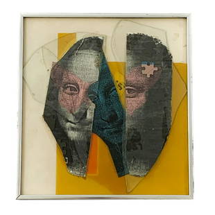 Agustin Fernandez Original Mixed Media Assemblage: Agustin Fernandez (Cuban: 1928 - 2006) original mixed media on canvas of a distorted Mona Lisa. Signed to verso "Agustin Fernandez". Circa: 1950s. Measures: 13.5" H x 12.5" W. Frame measures: 14.25" H