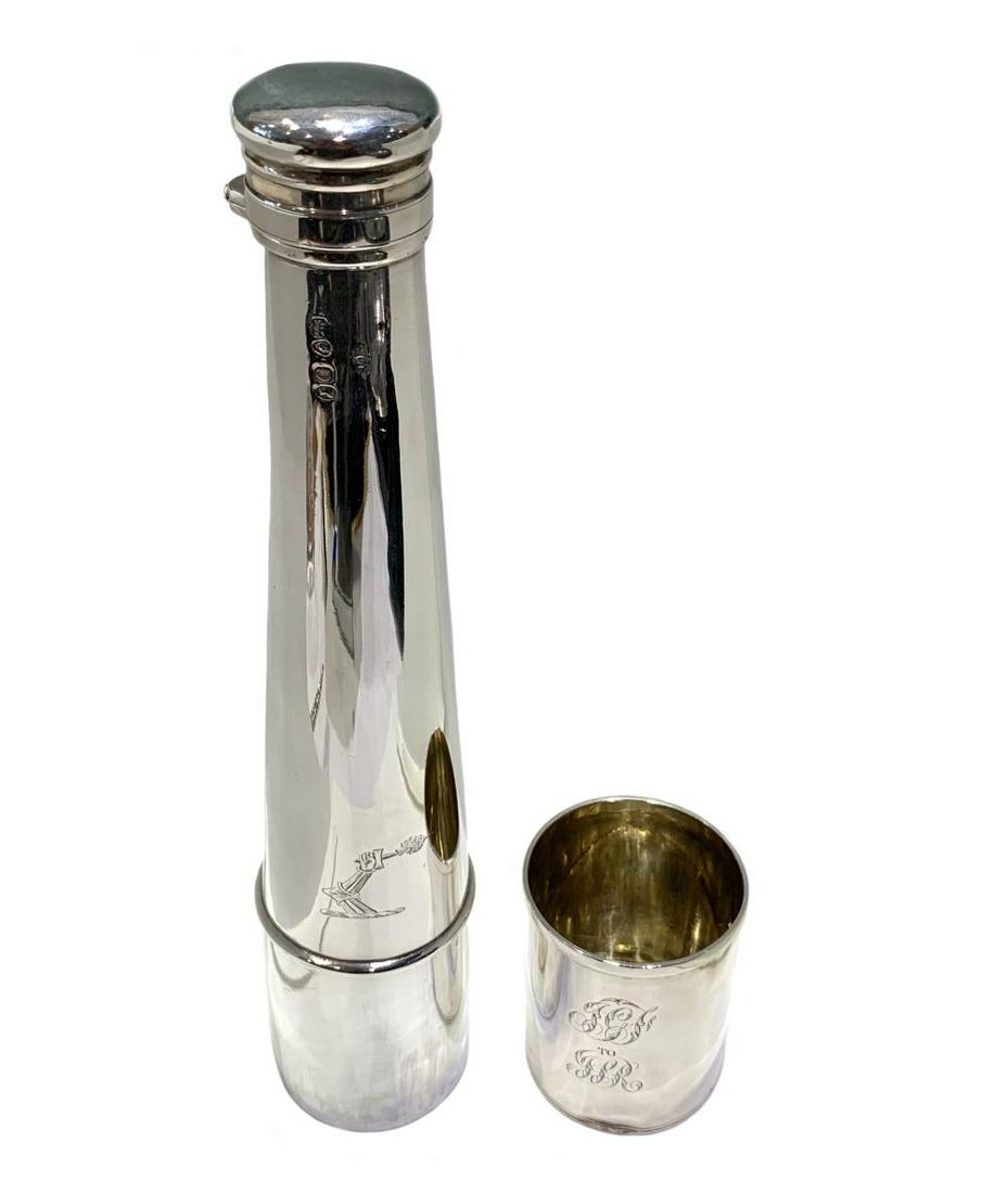 Antique English Sterling Silver Hunting Flask: Rare Thomas Evans 19th C. English sterling silver telescopic hunting flask with removable base cup. Hallmarked to casing. Circa: London, 1839. Measures: 9-3/4" H x 2" Diameter. Total Weight: 259.39 gr