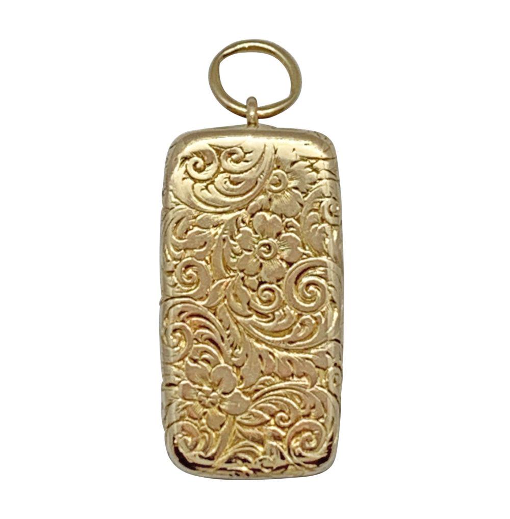 Antique English 15K Gold Floral Miniature Pill Box: Antique Thomas Johnson I English 15 karat yellow gold floral hallmarked pill box with match striker to side. Circa: London, 1857. Measures: 1-3/8" Long. Total Weight: 6.69 grams. From a Miami Beach es