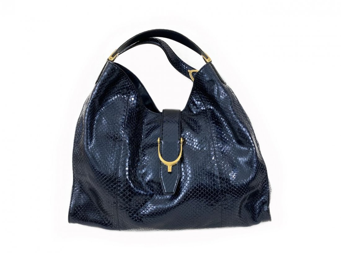 Large Gucci Stirrup Navy Skin Shoulder Bag: Measures approx. 17" Wide x 18" Tall (Including Handles). From a Palm Beach estate. Local Pick Up or Third Party Shipping Required.