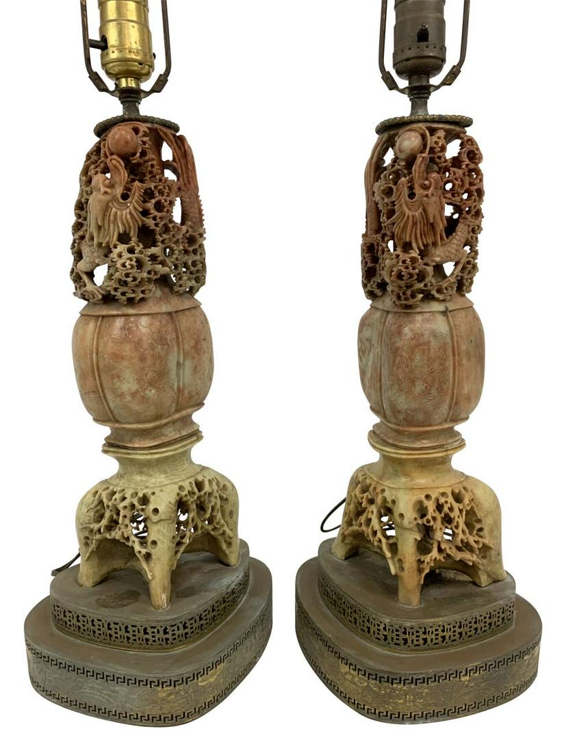 Pair of Chinese Chicken Blood Shoushan Lamps (1 of 13)