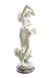 Guglielmo Pugi Marble Art Nouveau Dancer: Guglielmo Pugi (Italy: 1870 - 1915) original antique Italian hand carved marble sculpture of an Art Nouveau dancing woman atop a rouge marble base. Signed "Pugi" to base. Circa: Late 19th Century. Mea