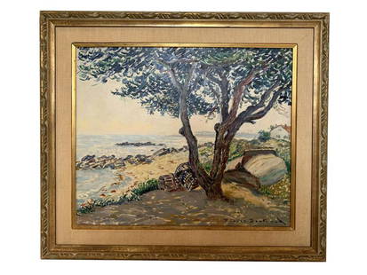 Pierre P. Bertrand French Landscape Oil Painting: Pierre Philippe Bertrand (France; 1884 - 1975) original French impressionist landscape oil painting on canvas depicting a beautiful coastal scene titled "Sur le Chemin Côtier". Signed to lower right.