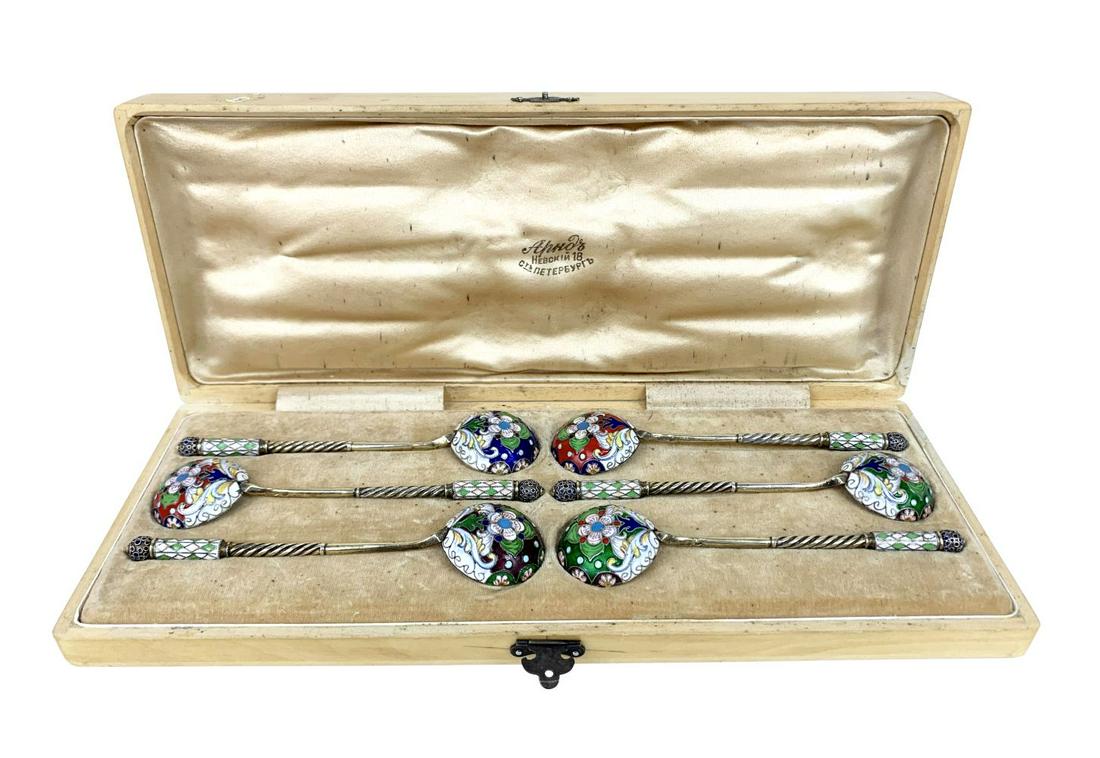 Russian 84 Silver Enameled Floral Teaspoons (1 of 7)