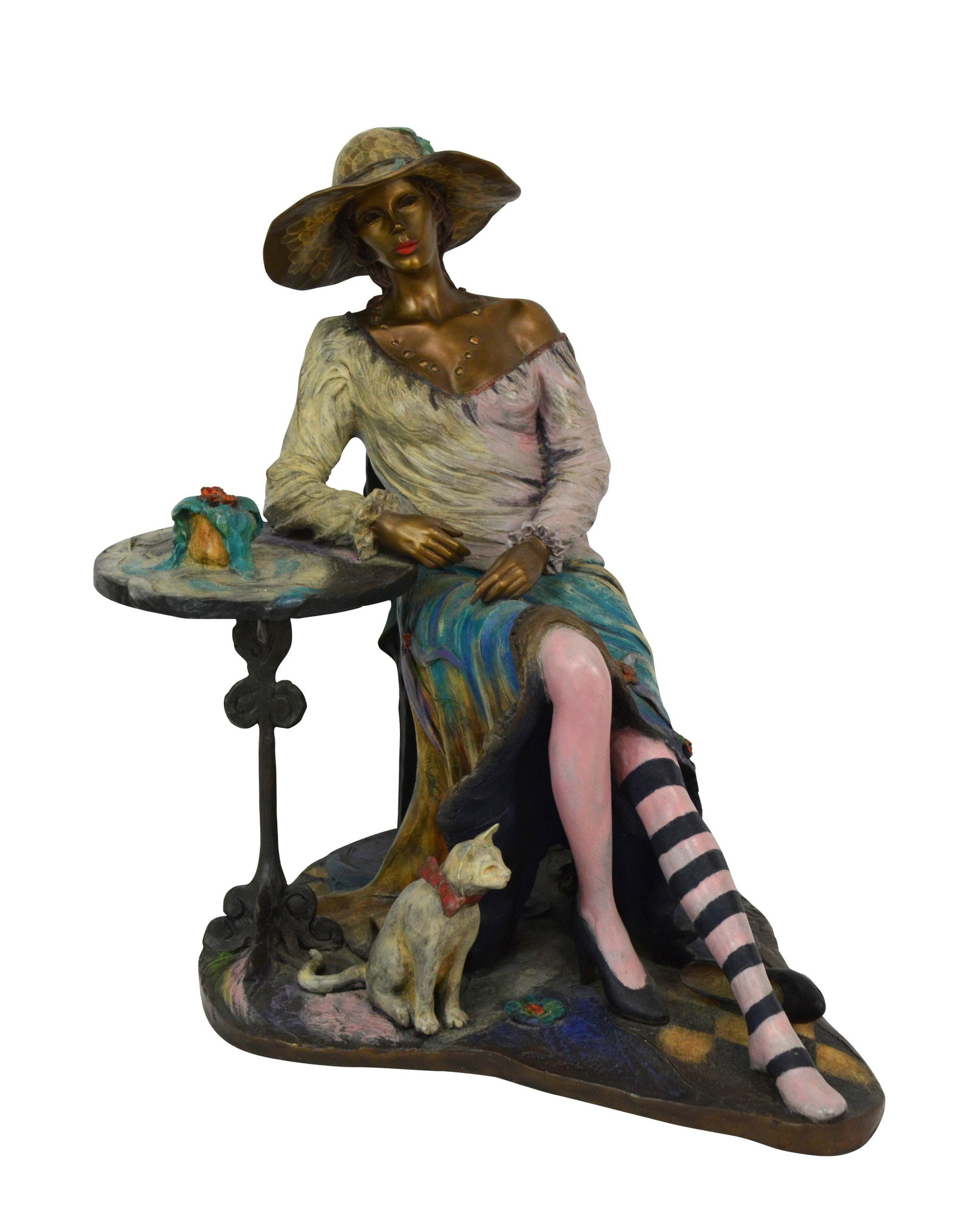 Isaac Maimon "Gabrielle" L/E Bronze Sculpture: Isaac Maimon (Israel: B. 1951) Limited edition cold-painted bronze sculpture titled "Gabrielle". Modeled in the form of a woman seated at a cafe wearing a wide brimmed hat and billowy dress seated bes