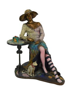 Isaac Maimon "Gabrielle" L/E Bronze Sculpture: Isaac Maimon (Israel: B. 1951) Limited edition cold-painted bronze sculpture titled "Gabrielle". Modeled in the form of a woman seated at a cafe wearing a wide brimmed hat and billowy dress seated